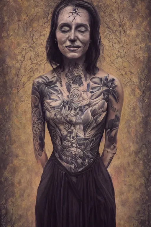 Image similar to tattooed beautiful cult woman in dress, transcendental meditation, expanding consciousness, and smiling, symmetric, dark, moody, eerie religious composition, photorealistic oil painting, post modernist layering, by Sean Yoro