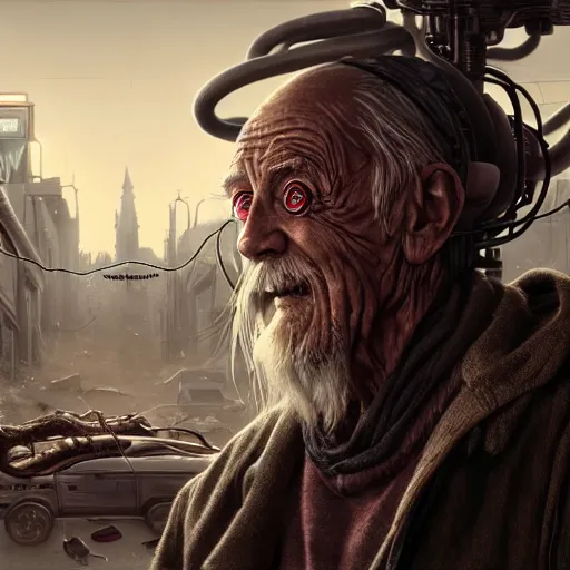 Prompt: a very old wizard is is a cyborg, half his face is technology, he is fighting a giant cockroach in a post apocalyptic American town, cyberpunk, exobiology, hyper realistic, hyper detailed, realistic picture, epic game, Complex massive detail, octane render