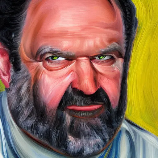 Image similar to uhd photorealisitc high quality high detail painting by lucian freud, exaggerated portrait of billy mays as the devil, studio lighting