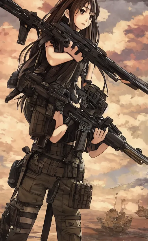 Image similar to soldier girl shooting, trading card front, anime style, long hair, hair down, symmetrical facial features, symmetrical body features, from girls frontline, hyper realistic, pale skin, 4k, rule of thirds, extreme detail, detailed drawing, trending artstation, hd, fantasy, D&D, realistic lighting, by Alphonse Mucha, Greg Rutkowski, sharp focus, backlit, soldier clothing