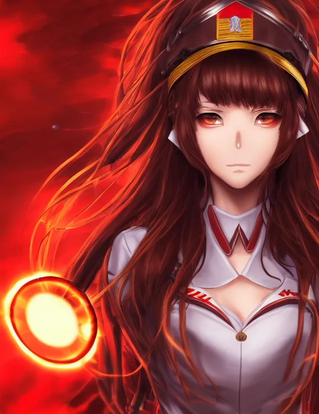 Image similar to a detailed manga portrait of a beautiful brown haired woman in a military uniform glowing with swirling red energy, trending on artstation, digital art, 4 k resolution, detailed, high quality, sharp focus, hq artwork, coherent, insane detail, character portrait