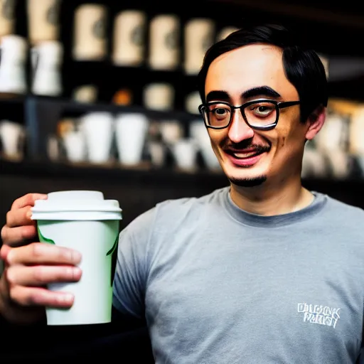 Image similar to filthy frank working at starbucks, 4 k, high resolution, still, landscape, hd, dslr, hyper realistic