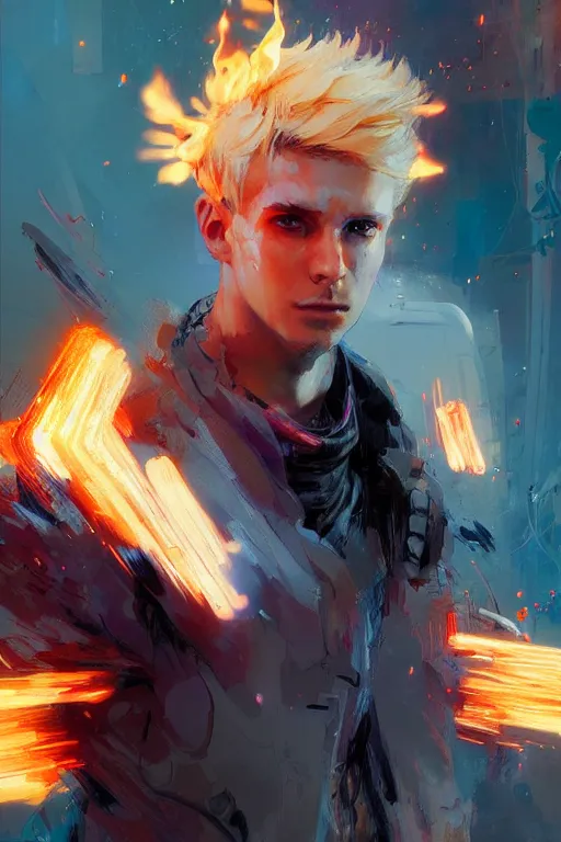 Image similar to character art by wadim kashin, young man, blonde hair, on fire, fire powers