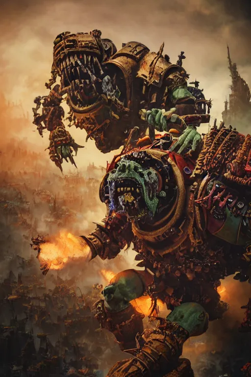 Image similar to a portrait of ork boyz, warhammer 4 0 k setting, dynamic pose, close - up, intricate details, intricately detailed clothing, intricate textures, warm lighting, vivid colors, smoke and mist, realistic octane render, hyper realistic render, volumetric shading, depth of field, raytracing, 8 k,