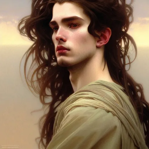 Prompt: portrait painting of a pale serious young man with soft face and medium brown wavy hair wearing armor, ultra realistic, concept art, intricate details, eerie, highly detailed, pursed lips, melancholy expression, photorealistic, upturned button nose, prominent chin, octane render, 8 k, unreal engine. art by artgerm greg rutkowski alphonse mucha