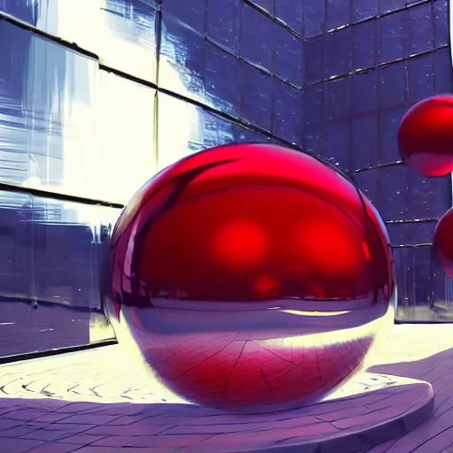 Prompt: chrome spheres on a red cube by makoto shinkai