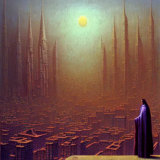 Prompt: a giant priest stands over a city painting by beksinski, barlowe colors. masterpiece painting