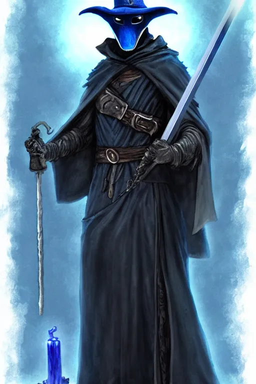 Image similar to a plague doctor with a blue robe as a d & d character, blue robe, magical, black fur armor, starwars, concept sheet, painting by gaston bussiere, demon slayer, akiri toriyama, dramatic lighting, anime