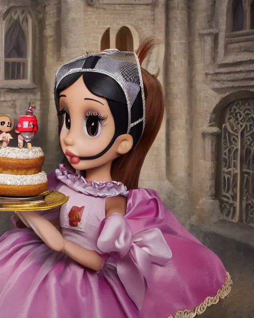 Image similar to highly detailed closeup, face profile portrait of a tin toy ariana grande as a medieval girl eating cakes in a castle, bikini, depth of field, nicoletta ceccoli, mark ryden, lostfish, dan decarlo, bob clampett, max fleischer, detailed and intricate environment, 8 k resolution, hyperrealistic, octane render