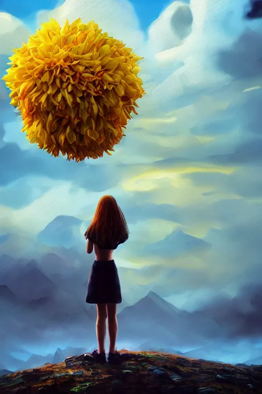 Image similar to closeup girl with giant yellow dahlia flower face, standing on mountain, surreal photography, blue storm clouds, dramatic light, impressionist painting, digital painting, artstation, simon stalenhag