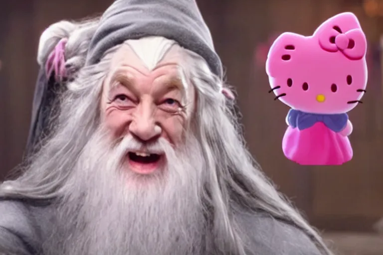Prompt: portrait of Gandalf dressed up as hello kitty, smiling kindly, movie still from Lord of the Rings