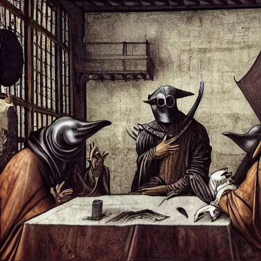 Image similar to leonardo davinci and a plague doctor hosting a podcast, intricate, highly detailed, comic book and renaissance art style, 4 k, concept art, table with microphones