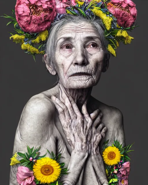 Prompt: a portrait of a beautiful fleshy old woman who is surprised she is still alive, covered in flowers in the style of guiseppe arcimboldo and james jean, covered in wispy gray hair with a hint of neon, hd 3 d, 8 k