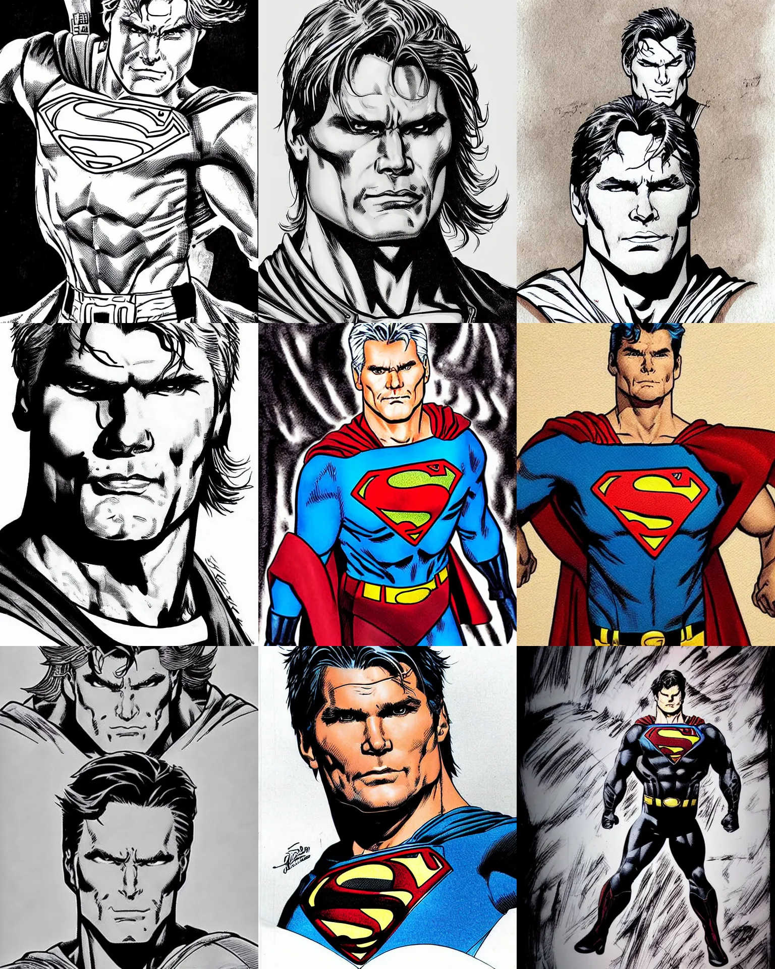 Prompt: richard dean anderson!!! jim lee!!! flat ink sketch by jim lee face close up headshot superman costume in the style of jim lee, x - men superhero comic book character by jim lee