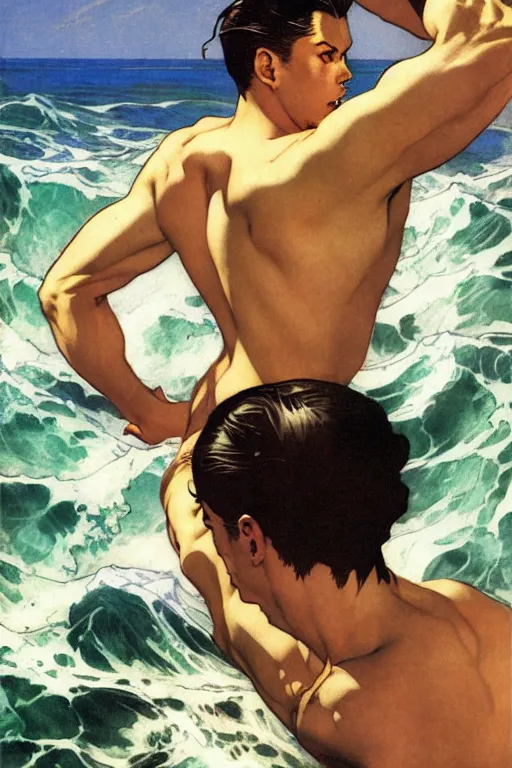 Prompt: attractive man in the ocean, painting by j. c. leyendecker, yoji shinkawa, katayama bokuyo