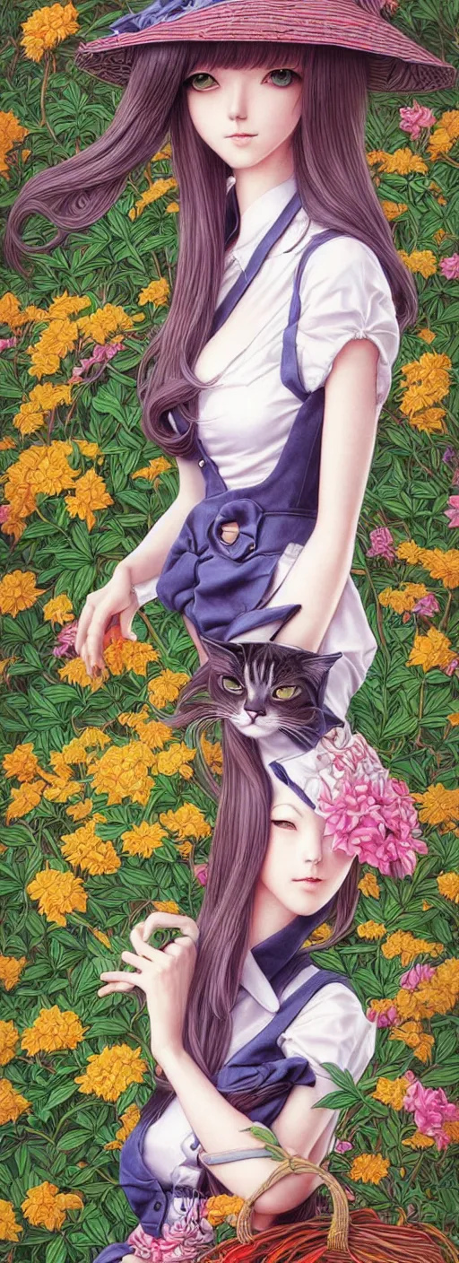 Image similar to richly detailed color pencil illustration of a portrait of a stylish gardener woman hypnotic cat, by artgerm and range murata rendered with 3 d effect.
