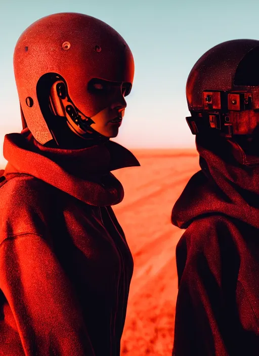 Image similar to cinestill 5 0 d photographic portrait of two loving female androids wearing rugged black techwear on a desolate plain with a red sky, extreme closeup, cyberpunk style, dust storm, 8 k, hd, high resolution, 3 5 mm, f / 3 2, ultra realistic faces, ex machina, by ashley gilbertson
