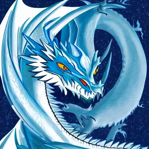 Prompt: illustration of blue eyes white dragon