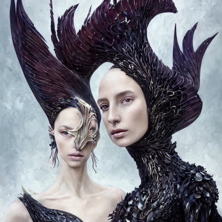 Image similar to beautiful cinematic fantasy character concept of an elegant fierce woman wearing haute couture by iris van herpen and Yohji Yamamoto and Neri Oxmanand Niccolo Casas and anouk wipprecht and behnaz farahi and jessica rosenkrantz and noa raviv and jun kamei , hybrid, by artgerm; wayne reynolds art station; cinematic quality character render; low angle; ultra high quality model; production quality cinema model;