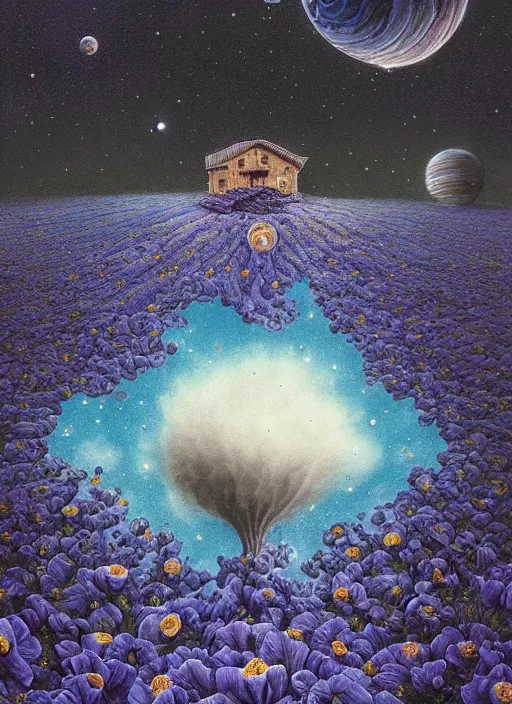 Image similar to detailed, intricate blue black and purple papaverum flower on the field, nebula, galaxy in the sky, winning award masterpiece, fantastically beautiful, illustration, aestheticly inspired, jacek yerka, upscale with anguissola sofonisba work, artstation, 8 k