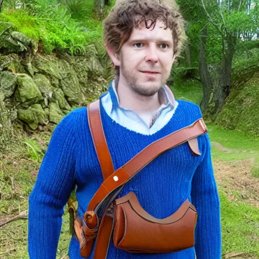 Image similar to hobbit wearing a white men's crossbody sling chest bag and blue sweater