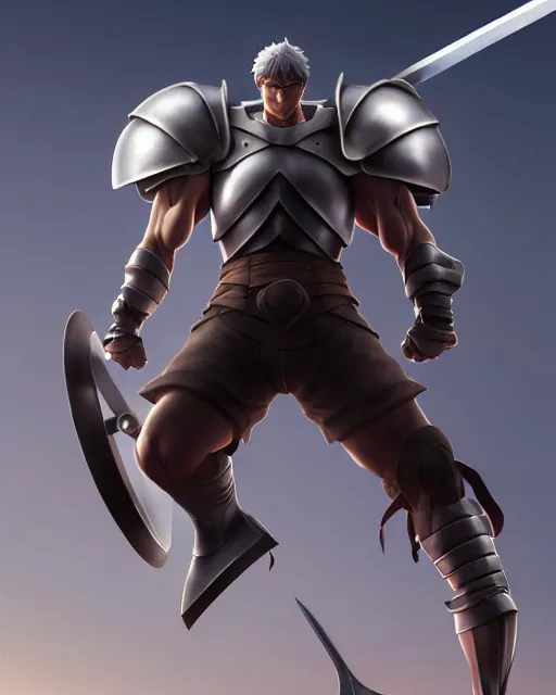 Image similar to strong muscular warrior with a greatsword and fully clad in plate armor, dramatic action pose, square masculine jaw, short messy hair, 3 d octane render, unreal engine 5, ultra high detail, cel shaded, trending on pixiv fanbox, by greg rutkowski makoto shinkai takashi takeuchi studio ghibli, akihiko yoshida