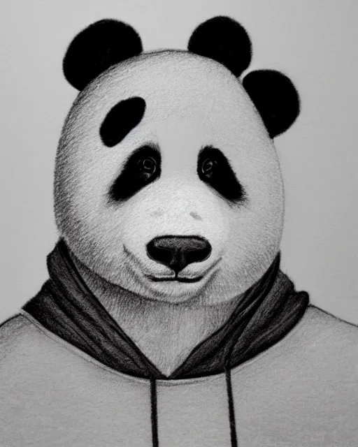 Prompt: a pencil drawing of an anthropomorphic panda wearing a hoodie on his head. head shot, by Pen Tacular