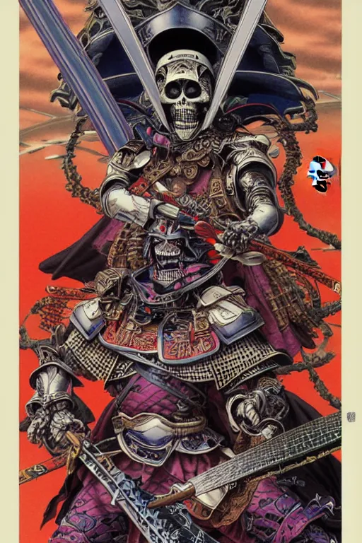 Image similar to poster of crazy skeletor samurai with japanese armor and helmet, by yoichi hatakenaka, masamune shirow, josan gonzales and dan mumford, ayami kojima, takato yamamoto, barclay shaw, karol bak, yukito kishiro