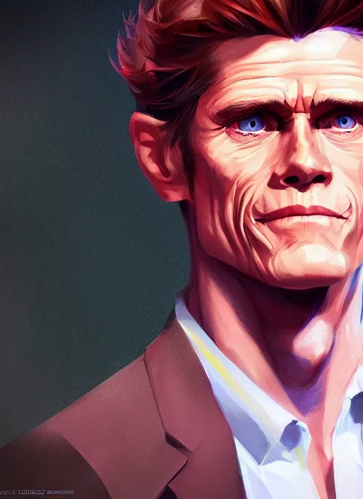 Image similar to young early - 2 0 s willem dafoe portrait illustrated by rossdraws, vivid colors, soft lighting, digital artwork 4 k, best of artstation