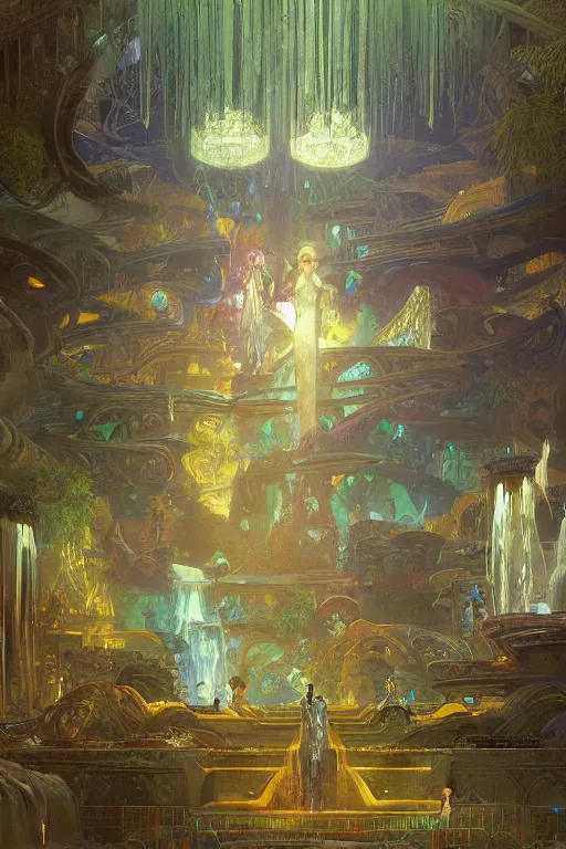 Image similar to Concept Digital Art Highly detailed Alien Art Deco Cybertron lazy river inside of the Palace of the Primes with iridescent oil covered water at night by greg rutkowski, Ilya repin, alphonse mucha, and Edmund Blair Leighton. Very highly detailed 8K, octane, Digital painting, the golden ratio, rational painting, sharp