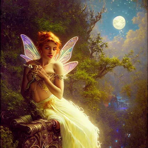 Image similar to attractive fairy magically floating high in the night, fantasy, full moon in background. highly detailed painting by gaston bussiere, craig mullins, j. c. leyendecker, mid shot, 8 k realistic, cryengine, frostbite 3 engine, sharp focus