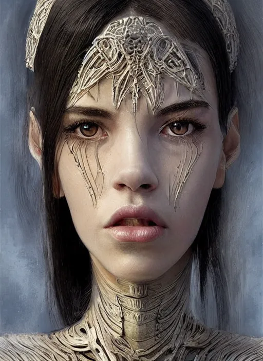 Image similar to a professional painting of a beautiful young female alien, clothed in ethereal armor, olive skin, long dark hair, beautiful bone structure, symmetrical facial features, intricate, elegant, digital painting, concept art, smooth, sharp focus, illustration, from Valerian and the City of a Thousand Planets, by Ruan Jia and Mandy Jurgens and Artgerm and William-Adolphe Bouguerea