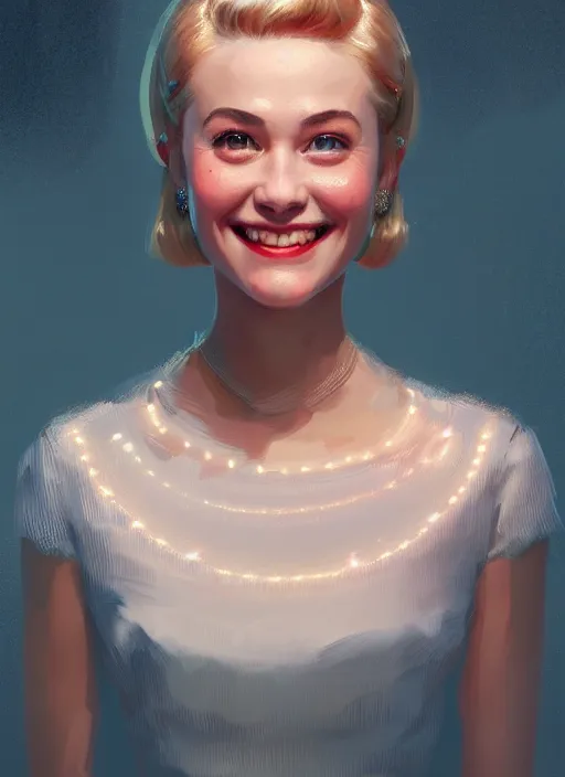 Image similar to portrait of betty cooper, smiling kindly, bangs, 1 9 6 0 s, intricate, elegant, glowing lights, highly detailed, digital painting, artstation, concept art, smooth, sharp focus, illustration, art by wlop, mars ravelo and greg rutkowski