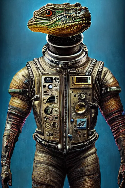 Image similar to a portrait of a muscular anthropomorphic cyberpunk caiman lizard space mechanic in spacesuit armor with ensignia on chest plate by sandra chevrier, by jon foster, detailed render, pistol in holster, tape deck, epic composition, cybernetics, 4 k realistic, cryengine, realistic shaded lighting, sharp focus, masterpiece, by enki bilal