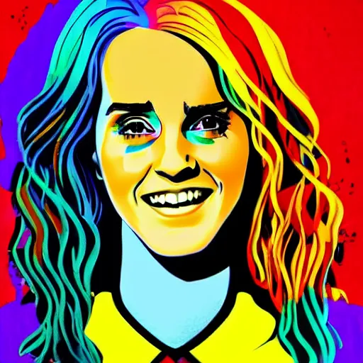 Image similar to rainbow smiling emma watson as hermione. pop art.