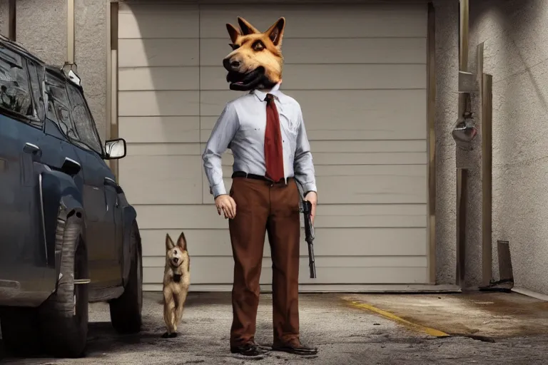 Image similar to film still of the main character furry anthro anthropomorphic german shepard head animal person fursona wearing clothes a suit and tie standing holding a pistol in the garage scene in an action movie posing for the camera 2020, 4k