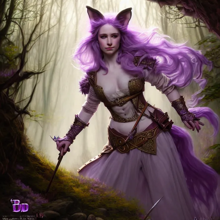 Image similar to d & d bard with her lilac leather armor in a forest, volumetric lighting, fantasy, intricate, elegant, highly detailed, lifelike, photorealistic, digital painting, artstation, fox ears illustration, concept art, sharp focus, by john collier and albert aublet and krenz cushart and artem demura and alphonse mucha