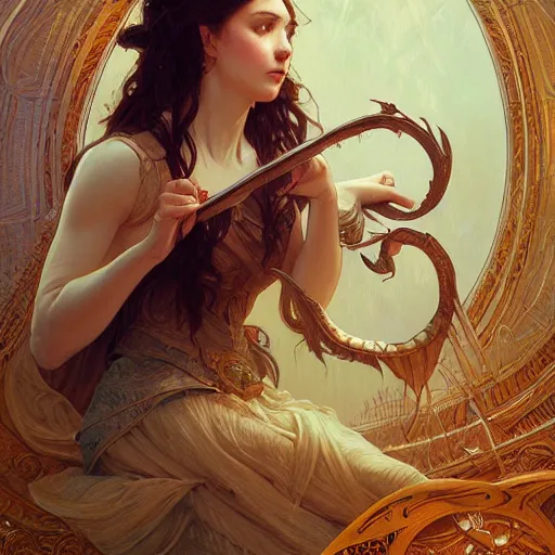 Image similar to a strange harp, d & d, fantasy, intricate, elegant, highly detailed, digital painting, artstation, concept art, smooth, sharp focus, illustration, art by artgerm and greg rutkowski and alphonse mucha