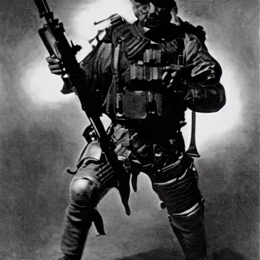 Image similar to old black and white photo, 1 9 1 3, depicting bruce willis in combat armor with guns, historical record, volumetric lights