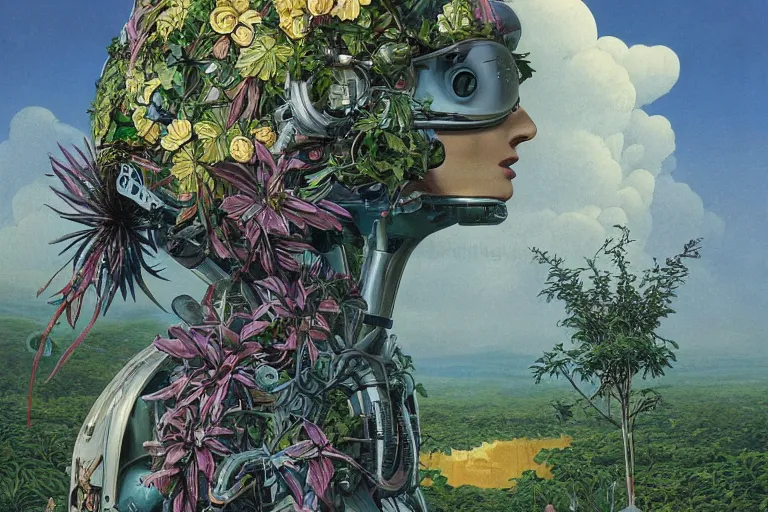 Image similar to evangelionic illustration, gigantic girl head, a lot of exotic vegetation, trees, tremendous pleasure robot, flowers, oldschool vintage sci - fi flat surreal design, super - detailed, oil painting by moebius, hd, 4 k, high quality