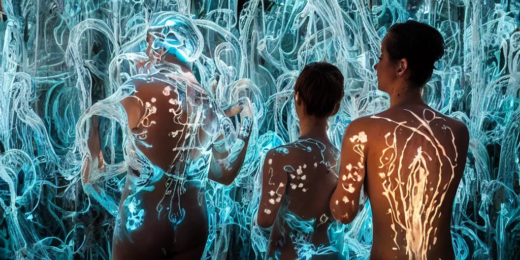 Image similar to love, translucent people with glowing body paint, from behind, rebirth, wide angle, cinematic atmosphere, elaborate, highly detailed, dramatic lighting