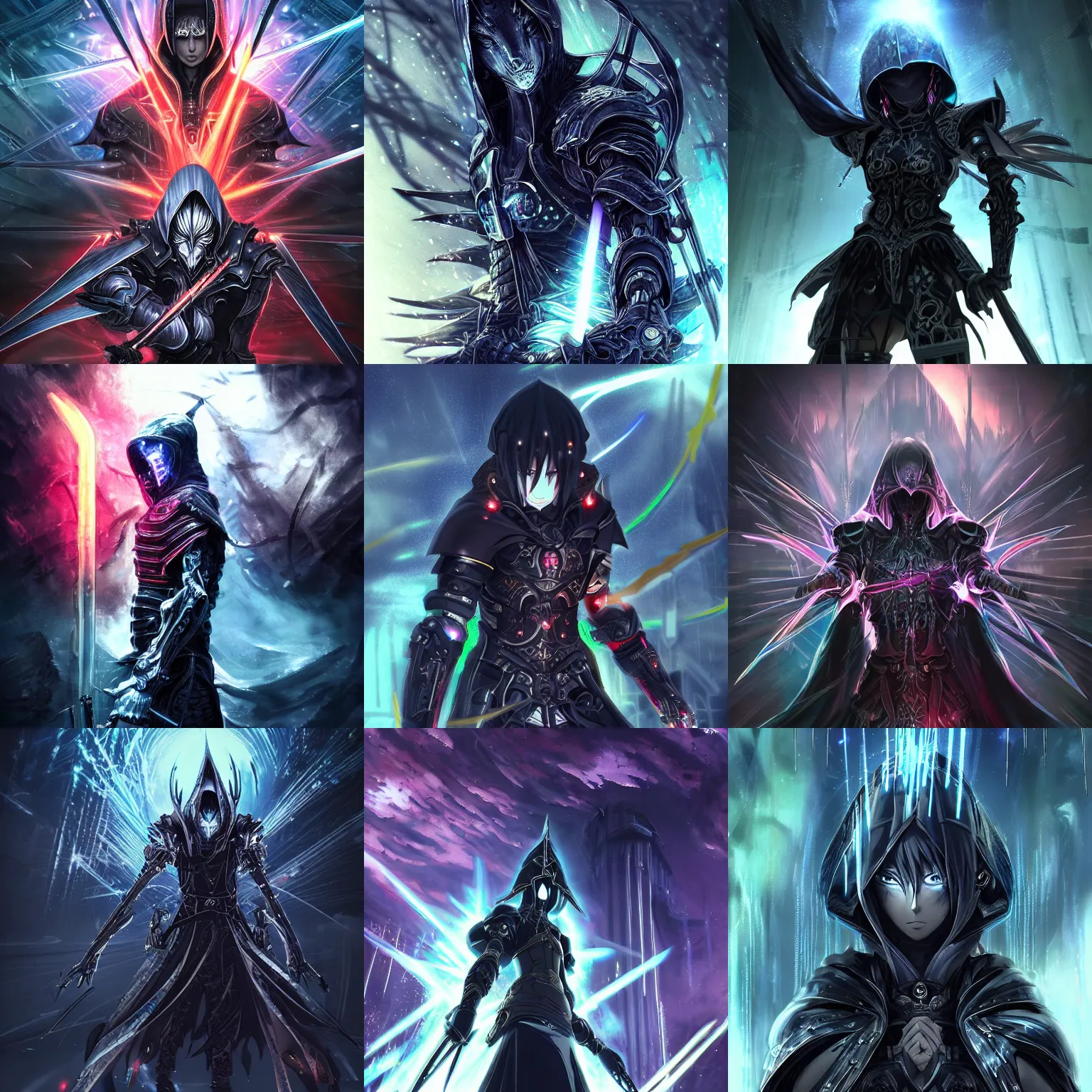 Prompt: Powerful intricate cybernetic dark hooded assassin sword fighting the warrior god of chaos, beautiful high quality realistic anime CGI from Makoto Shinkai, fantasy, detailed, iridescent, technological, gothic influence, royal, colorful, epic, explosions of power, smoke, thunderous battle, fluorescent colors, ornate crown hood, epic, futuristic, intricate, dark, sparkling, background megastructure, water, smooth anime CG art, iridescent, fluorescent colors, rainbow aura crystals, animation, in the style of Makoto Shinkai