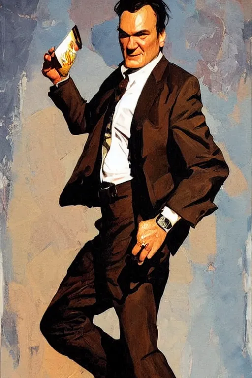 Image similar to quentin tarantino holding feet!!!, licking, painting by jc leyendecker!! phil hale!, angular, brush strokes, painterly, vintage, crisp