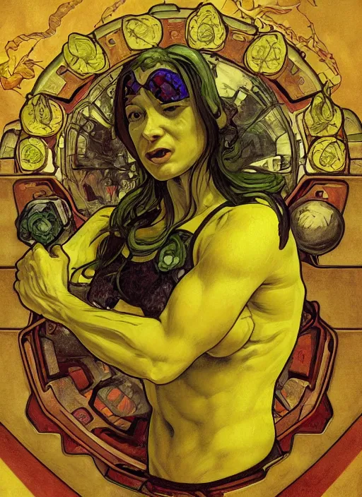 Image similar to renaissance grotesque full body portrait painting of angry crossfit lemon in a lemon themed spaceship going to a lemon portal, superior, character redesign by lee bermejo and greg rutkowski and alphonse mucha