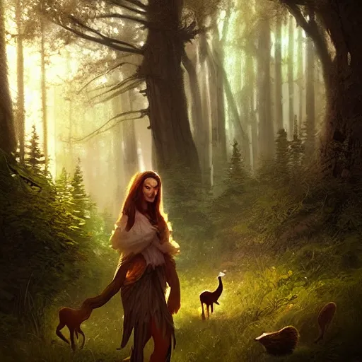 Image similar to a pretty female druid surrounded by forest animals, in the woods, hyper realistic, digital painting, photorealistic, in the style of greg rutkowski, highly detailed, cinematic