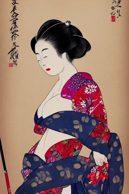 Image similar to extremely sensual geisha full body, one uncovered shoulder, different point of view, digital art, 8k, character, realistic, portrait, photorealism, japan watercolour, masterpiece art