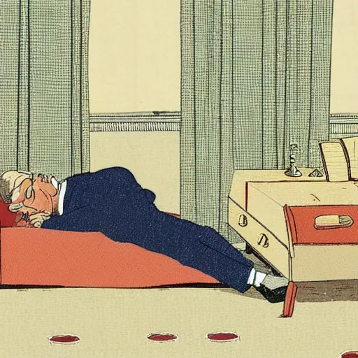 Prompt: illustration of a president hiding nuclear bombs under his bed, in style of guilloche