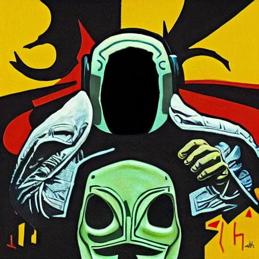 Prompt: MF DOOM, the mouse and the mask, album cover art