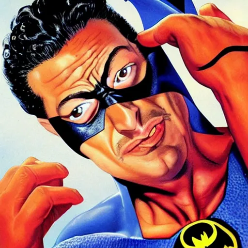 Prompt: young jeff goldblum as batman taking off mask, muscular, batman t shirt, film still, joe jusko, boris vallejo