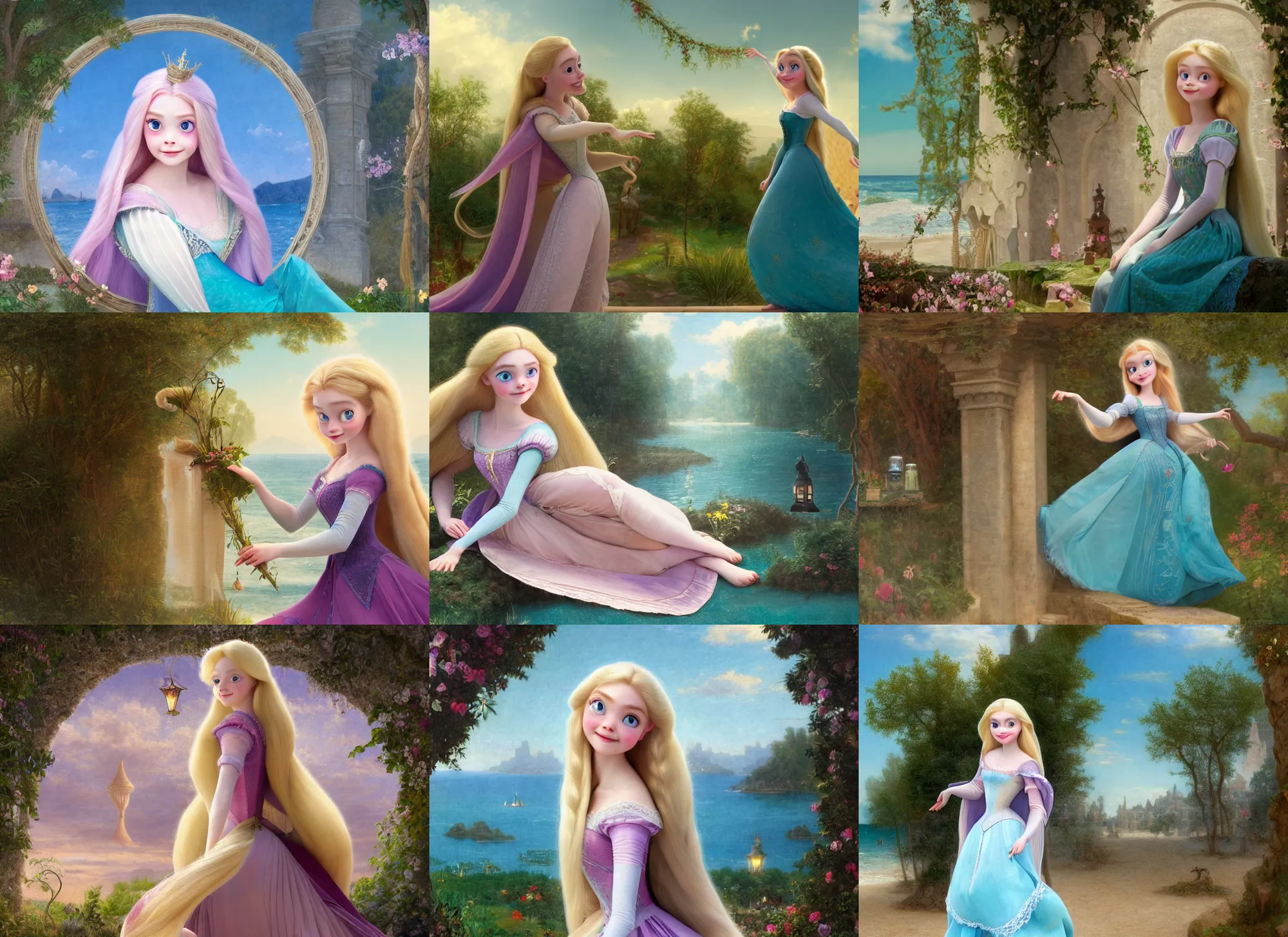 Prompt: elle fanning as rapunzel from tangled with teal peplos, beach background, bouguereau, paper lantern sky